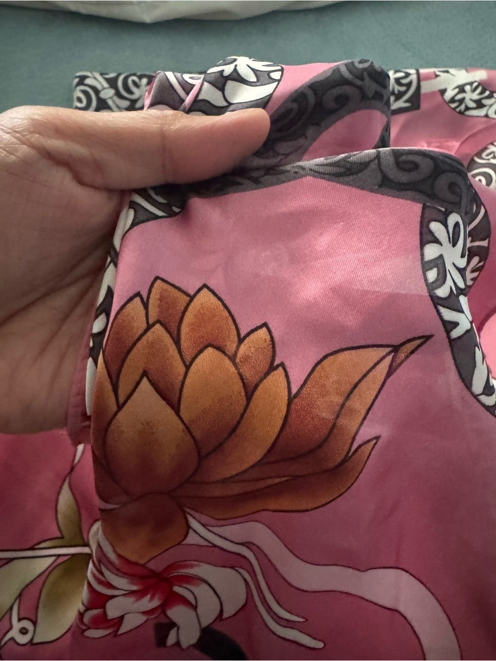 Silky Pink Floral Scarf with Brown Lotus Print